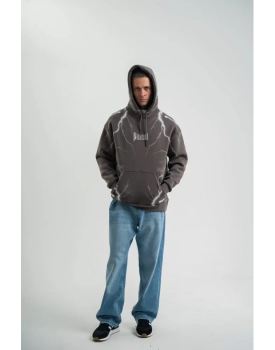 Double Oversize Kapşonlu Şimşek Pano Baskılı weathirt  Füme