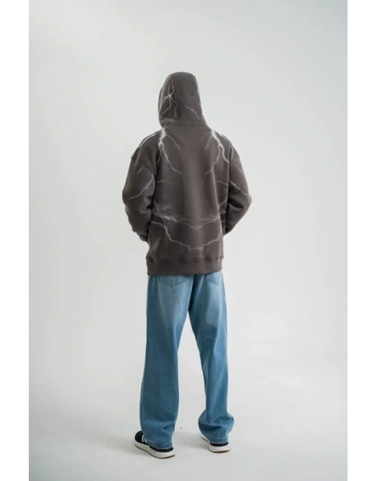 Double Oversize Kapşonlu Şimşek Pano Baskılı weathirt  Füme