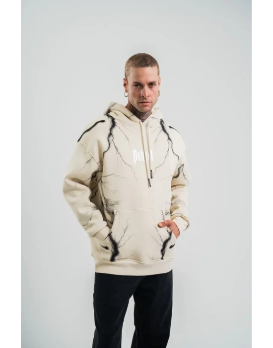 Double Oversize Kapşonlu Şimşek Pano Baskılı weathirt  Krem