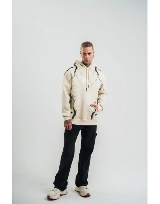 Double Oversize Kapşonlu Şimşek Pano Baskılı weathirt  Krem