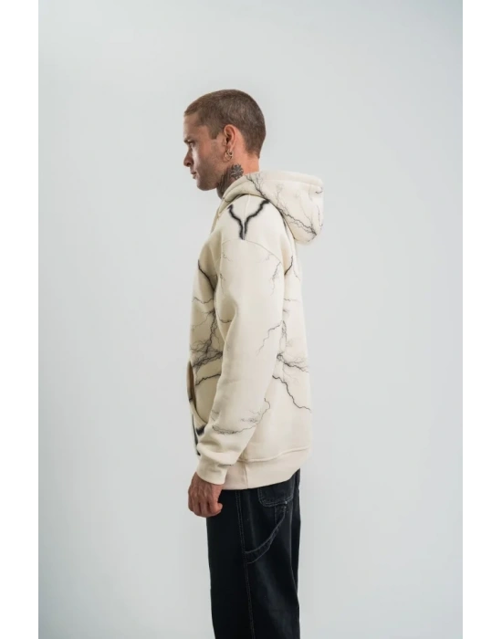 Double Oversize Kapşonlu Şimşek Pano Baskılı weathirt  Krem