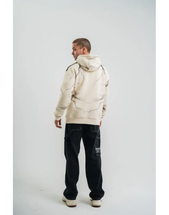 Double Oversize Kapşonlu Şimşek Pano Baskılı weathirt  Krem
