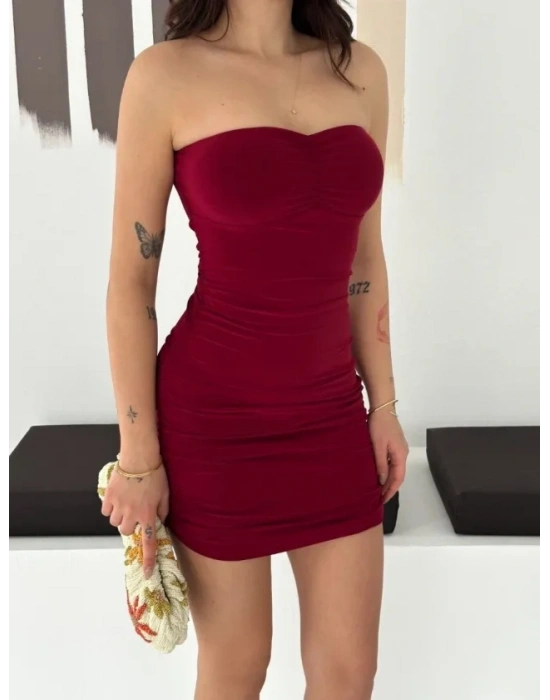 Drapeli traplez ini Elbise Esnek Kumaş Vücuda Oturan Gece Elbisesi  Bordo