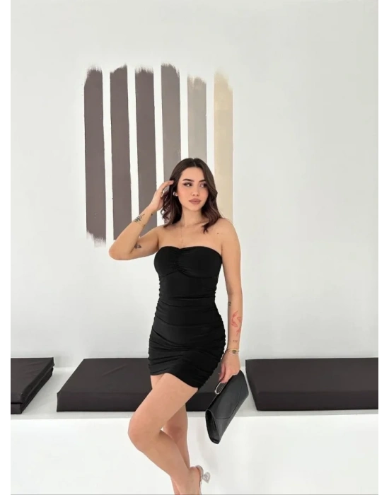 Drapeli traplez ini Elbise Esnek Kumaş Vücuda Oturan Gece Elbisesi  iyah