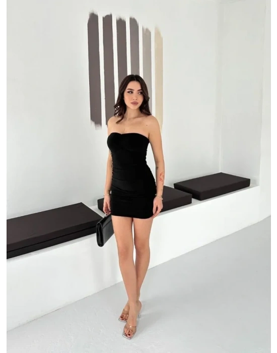 Drapeli traplez ini Elbise Esnek Kumaş Vücuda Oturan Gece Elbisesi  iyah