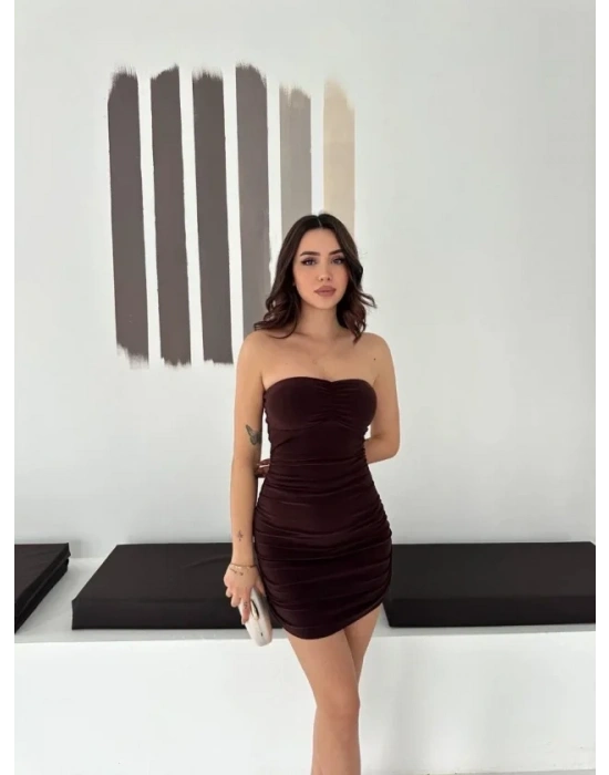 Drapeli traplez ini Elbise Esnek Kumaş Vücuda Oturan Gece Elbisesi  Kahverengi