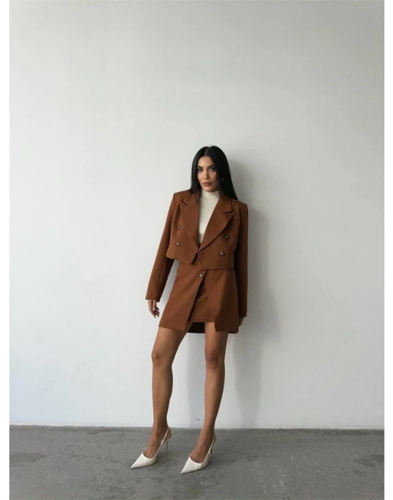 DÜĞME DETAYI ETEK  CROP CEKET TAKIM  Kahverengi