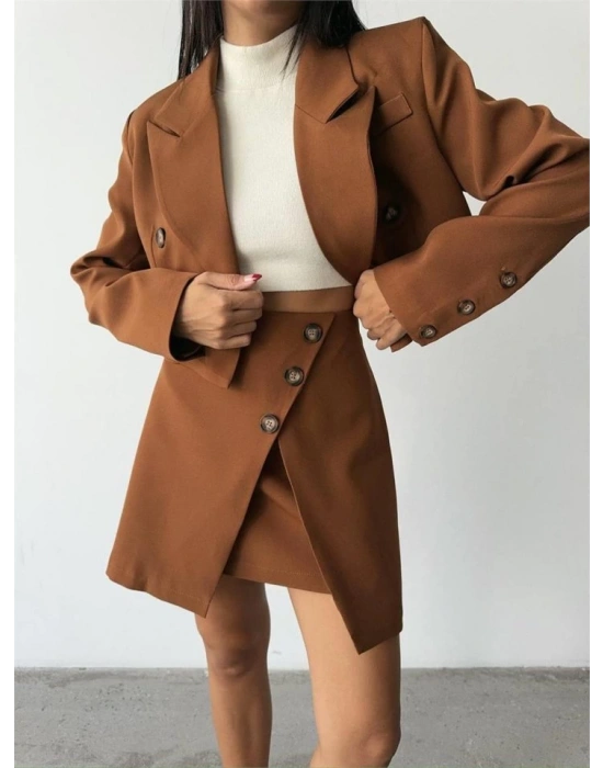 DÜĞME DETAYI ETEK  CROP CEKET TAKIM  Kahverengi