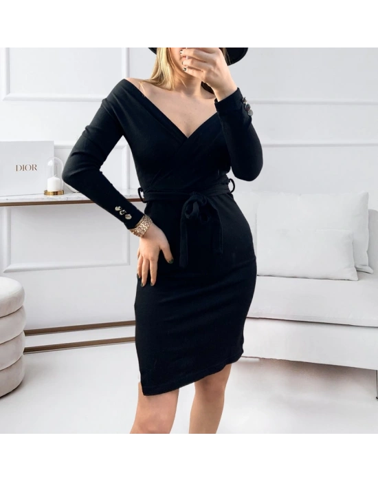 Düğme Detay Kuşaklı Yırtmaçlı Kruvaze Yaka Elbise