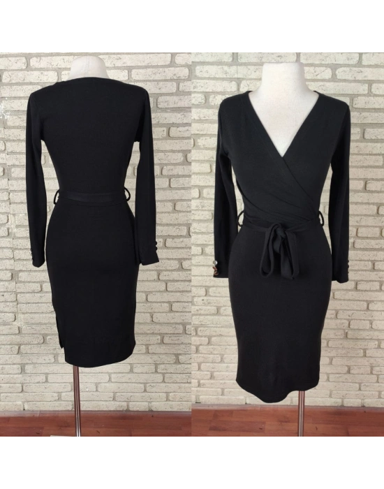 Düğme Detay Kuşaklı Yırtmaçlı Kruvaze Yaka Elbise