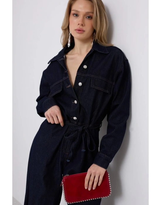 Düğme Detaylı Denim Tulum