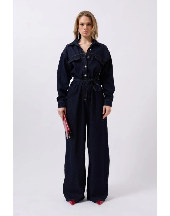 Düğme Detaylı Denim Tulum