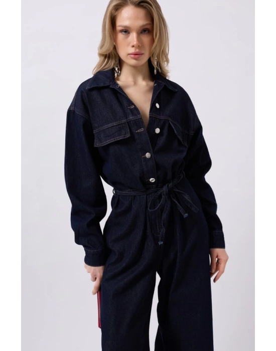 Düğme Detaylı Denim Tulum