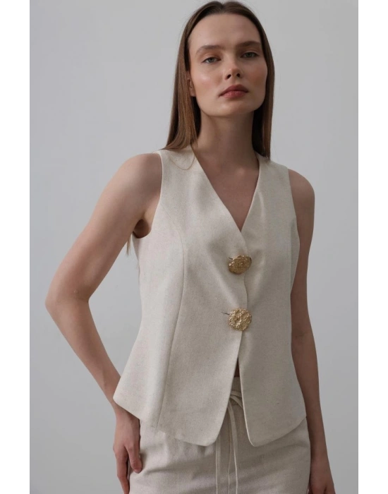 Düğme Detaylı Yelek  Krem