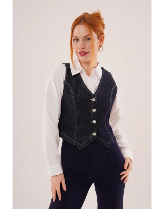 Düğme Ve Ön Dikiş Detaylı Lacivert Jean Yelek