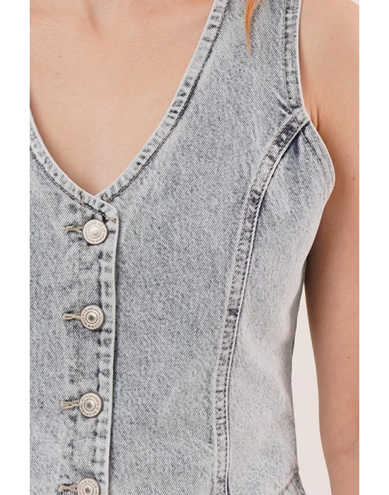 Düğme Ve Ön Dikiş Detaylı Mavi Jean Yelek