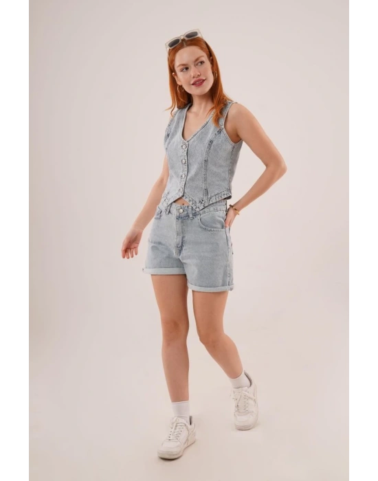 Düğme Ve Ön Dikiş Detaylı Mavi Jean Yelek