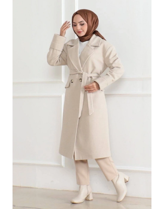 Düğmeli İçi Astarlı Kaşmir Kaşe Kaban  Bej