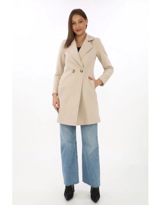 Düğmeli İçi Astarlı Kaşmir Kaşe Kaban  Bej
