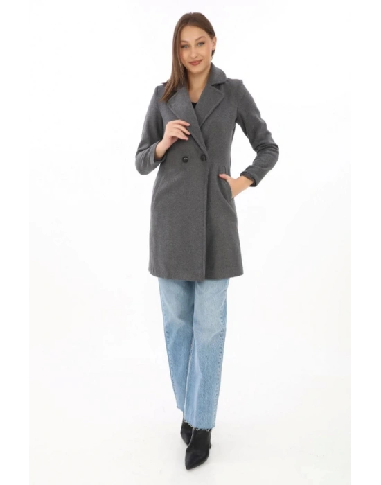 Düğmeli İçi Astarlı Kaşmir Kaşe Kaban  Füme