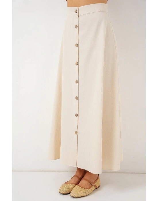 Düğmeli Keten Uzun Etek 8046  Krem
