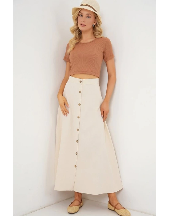 Düğmeli Keten Uzun Etek 8046  Krem