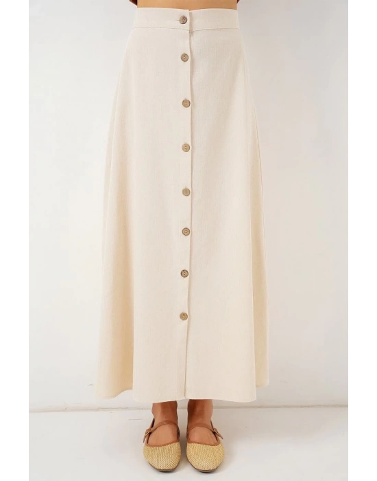 Düğmeli Keten Uzun Etek 8046  Krem