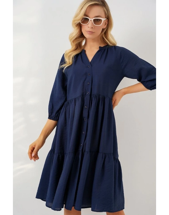 Düğmeli Kısa Kol Elbise 2559  Lacivert