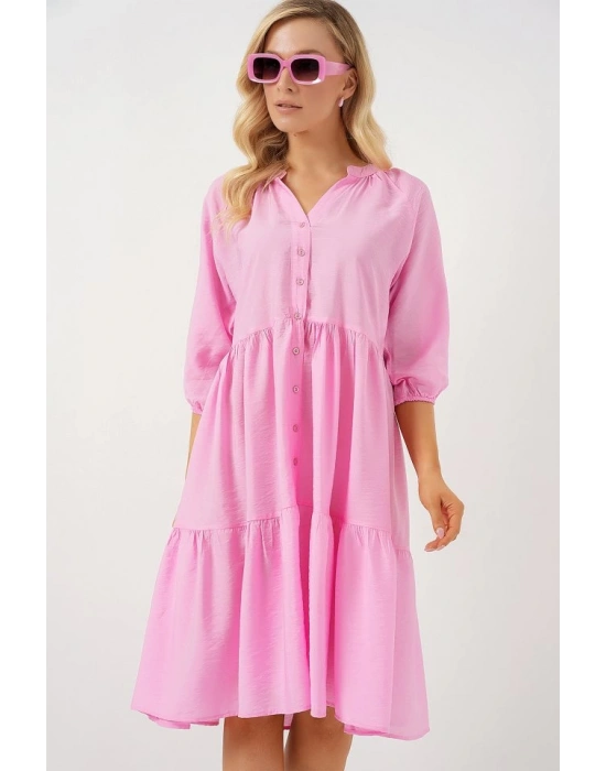 Düğmeli Kısa Kol Elbise 2559  Pembe