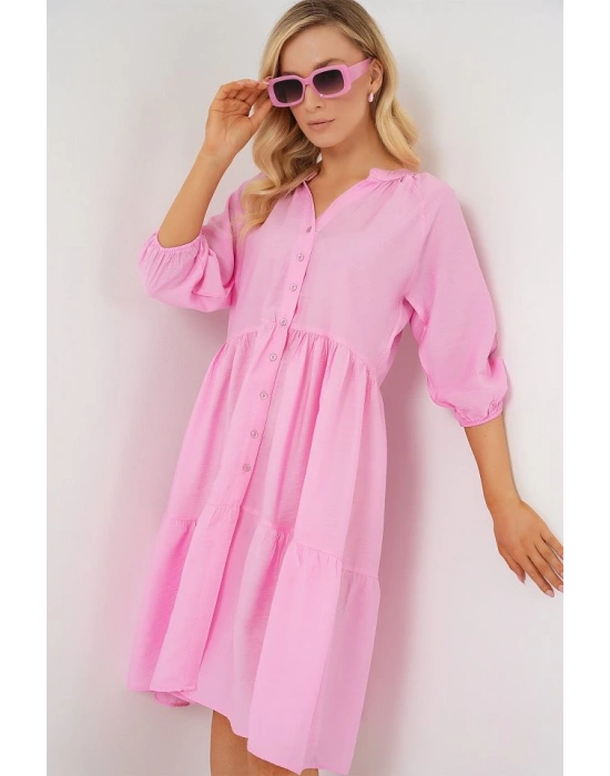 Düğmeli Kısa Kol Elbise 2559  Pembe