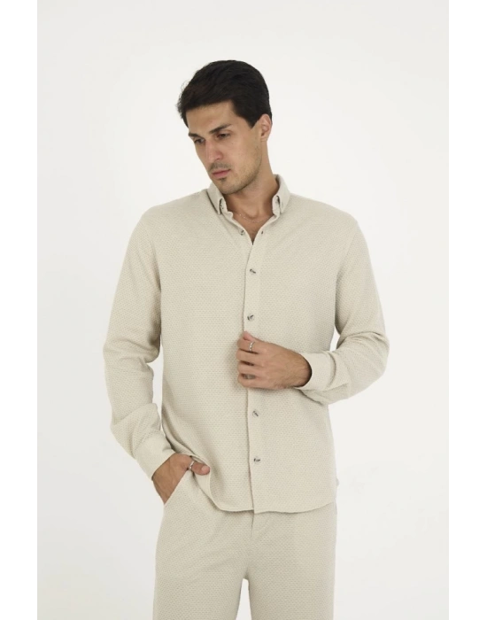 Düğmeli Tam Kalıp Uzun Kol Jakar Gömlek  Gri