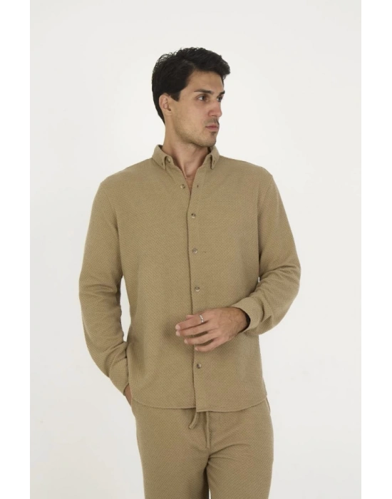 Düğmeli Tam Kalıp Uzun Kol Jakar Gömlek  Kahverengi