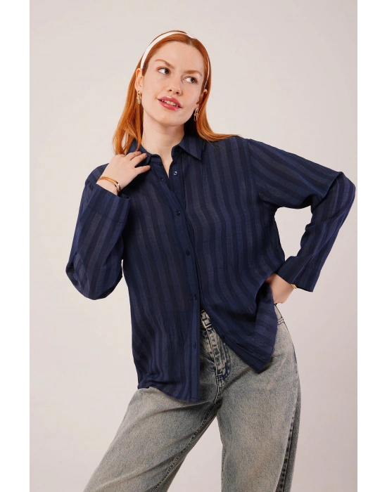 Düğmeli Ve Çizgi Detaylı acivert Gömlek
