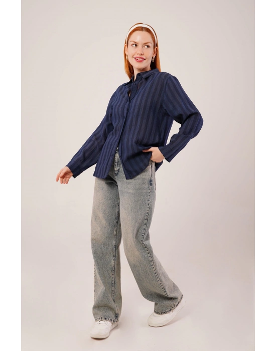 Düğmeli Ve Çizgi Detaylı acivert Gömlek