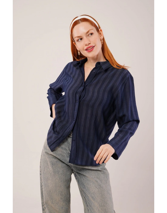 Düğmeli Ve Çizgi Detaylı acivert Gömlek