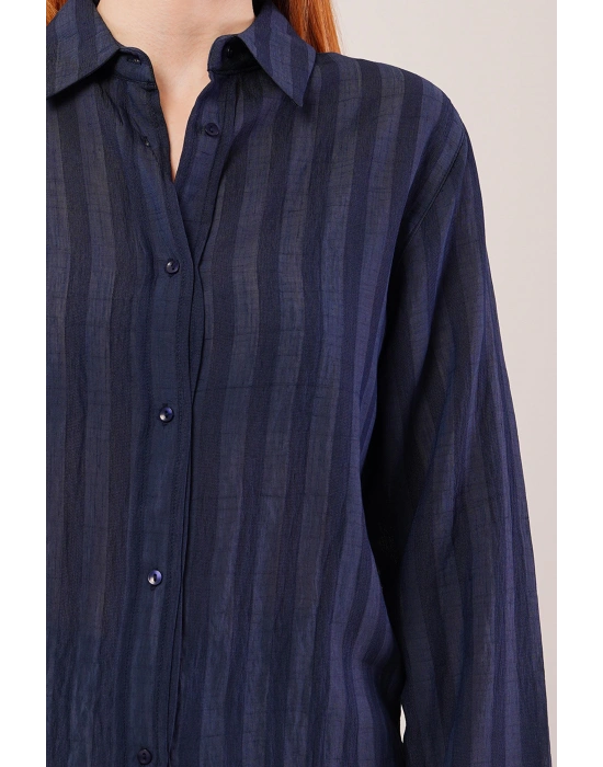 Düğmeli Ve Çizgi Detaylı acivert Gömlek