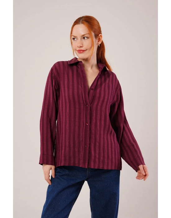 Düğmeli Ve Çizgi Detaylı Bordo Gömlek