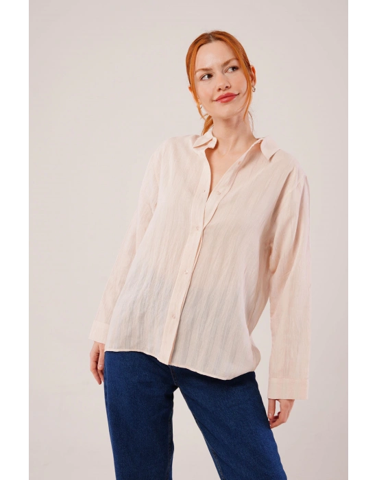 Düğmeli Ve Çizgi Detaylı Krem Gömlek