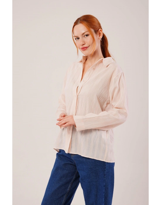 Düğmeli Ve Çizgi Detaylı Krem Gömlek