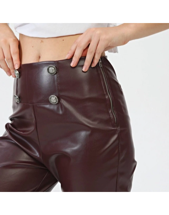 Düğmeli̇ Yan Fermuarli Deri̇ Pantolon