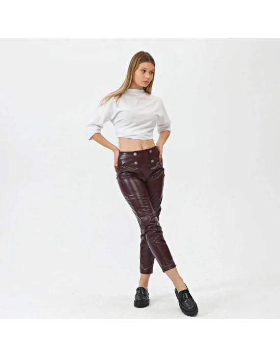 Düğmeli̇ Yan Fermuarli Deri̇ Pantolon
