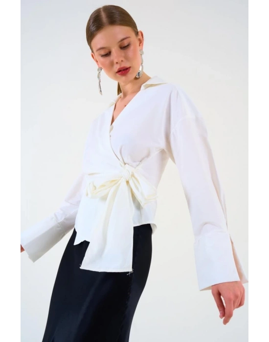 Düz Yandan Bağlamalı Gömlek  Ekru
