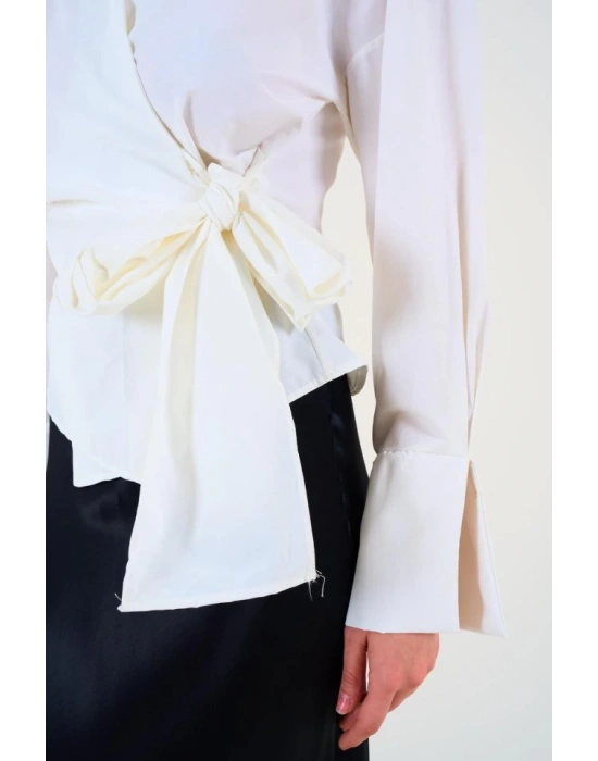 Düz Yandan Bağlamalı Gömlek  Ekru