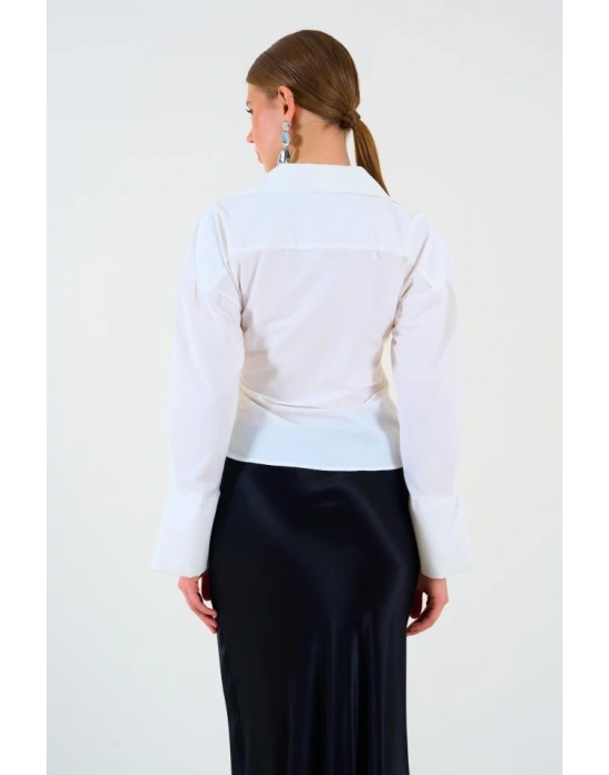 Düz Yandan Bağlamalı Gömlek  Ekru