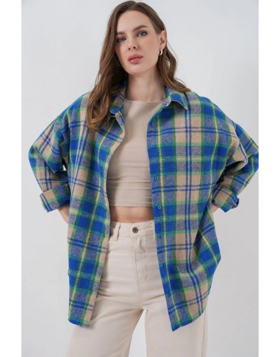 Ekose Desen Oversize Oduncu Gömlek 54 Mavi Gri