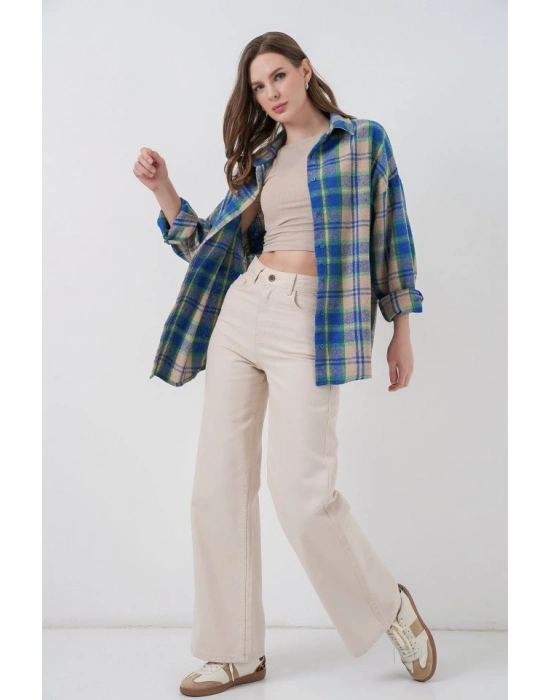 Ekose Desen Oversize Oduncu Gömlek 54 Mavi Gri