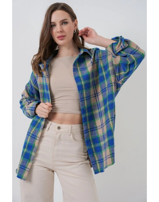 Ekose Desen Oversize Oduncu Gömlek 54 Mavi Gri