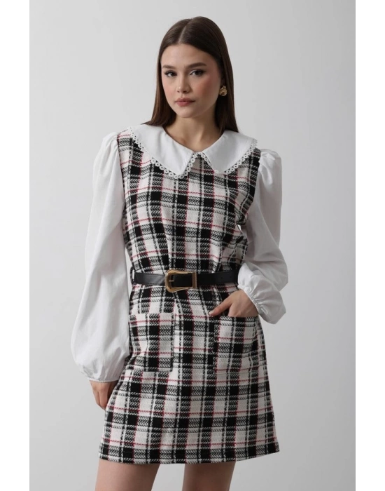 Ekoseli Gömlek Detaylı Elbise  iyah