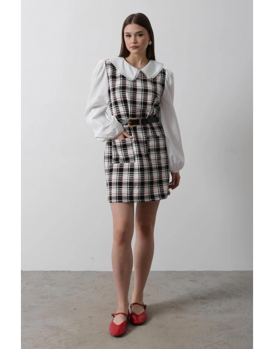 Ekoseli Gömlek Detaylı Elbise  iyah