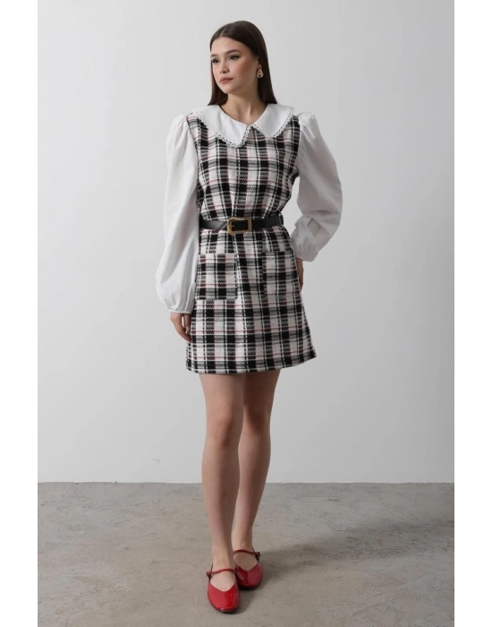 Ekoseli Gömlek Detaylı Elbise  iyah